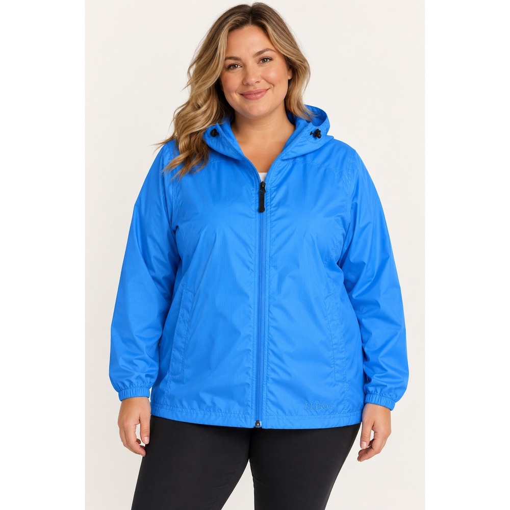 LL Bean Windbreaker Rain Jacket Stowaway Packable Hooded Lightweight Blue 1X